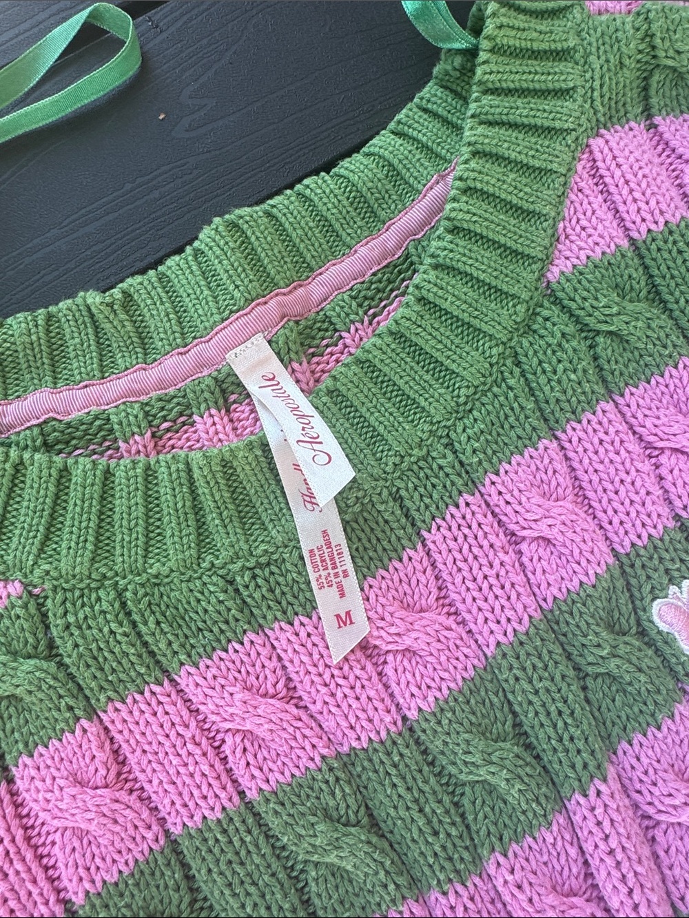 Aero Striped Cable-Knit Scoop Neck Sweater - Pink & Green - Picture 4 of 8
